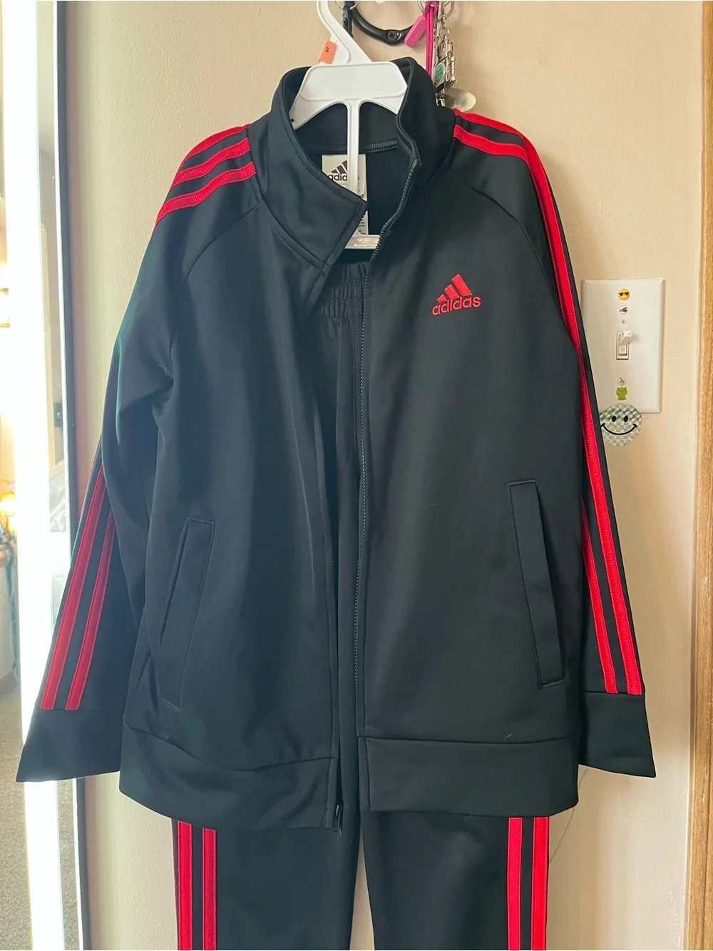 Boys Adidas Black and Red Three-Stripe Track Jacket & Pants